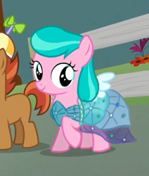 Size: 323x381 | Tagged: safe, edit, edited screencap, screencap, character:aquamarine, character:button mash, character:liquid button, episode:crusaders of the lost mark, g4, my little pony: friendship is magic, aquamarine wears everything, clothing, cropped, dress, princess dress