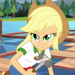 Size: 720x720 | Tagged: safe, edit, edited screencap, screencap, character:applejack, equestria girls:legend of everfree, g4, my little pony: equestria girls, my little pony:equestria girls, breast edit, breasts, cropped, female, hammer, inverted mouth, solo