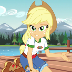 Size: 720x720 | Tagged: safe, edit, edited screencap, screencap, character:applejack, equestria girls:legend of everfree, g4, my little pony: equestria girls, my little pony:equestria girls, breasts, cropped, female, inverted mouth, solo