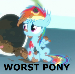 Size: 416x410 | Tagged: safe, edit, edited screencap, screencap, character:rainbow dash, episode:newbie dash, g4, my little pony: friendship is magic, background pony strikes again, blatant lies, cropped, dirty, downvote bait, female, frown, into the trash it goes, op is a duck, op is trying to start shit, rainbow trash, sad, sitting, solo, spread wings, trash, trash can, wings, worst pony