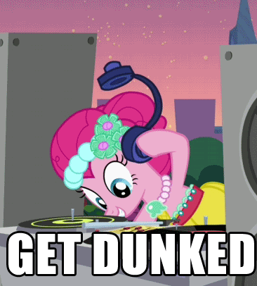 Size: 366x406 | Tagged: safe, edit, edited screencap, screencap, character:dj pon-3, character:pinkie pie, character:vinyl scratch, species:earth pony, species:pony, species:unicorn, episode:a canterlot wedding, g4, my little pony: friendship is magic, animated, bipedal, bridesmaid dress, clothing, dress, duo, duo female, female, gif, headphones, image macro, mouth hold, record, turntable