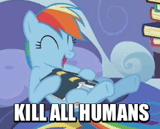 Size: 231x186 | Tagged: safe, edit, edited screencap, screencap, character:rainbow dash, episode:read it and weep, g4, my little pony: friendship is magic, book, cropped, cute, dissonant caption, female, grimcute, image macro, implied genocide, kill all humans, meme, misanthropy, pure unfiltered evil, solo, wat