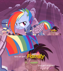 Size: 672x756 | Tagged: safe, edit, screencap, character:rainbow dash, species:crystal pony, species:pony, episode:the cutie re-mark, alternate timeline, amputee, apocalypse dash, armor, augmented, clothing, comic sans, crystal war timeline, discovery family logo, eyes on the prize, glare, gritted teeth, looking back, mind control, plot, prosthetic limb, prosthetic wing, prosthetics, scar, sombra soldier, tenso, text, torn ear, uniform