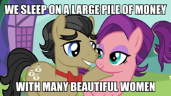 Size: 1056x594 | Tagged: safe, edit, edited screencap, screencap, character:filthy rich, character:spoiled rich, ship:spoilthy, episode:where the apple lies, g4, my little pony: friendship is magic, cute, image macro, implied bisexual, implied orgy, meme, spoiled cute, spoiled milk