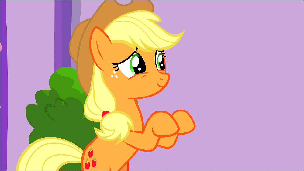 Size: 1000x563 | Tagged: safe, edit, edited screencap, screencap, character:applejack, species:earth pony, species:pony, episode:applejack's day off, air quotes, animated, bipedal, clothing, cowboy hat, female, frufru, gif, hat, implying, mare, ponyville spa, smiling, solo, stetson