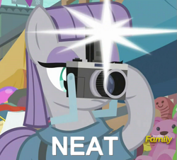 Size: 671x606 | Tagged: safe, edit, edited screencap, screencap, character:maud pie, species:earth pony, species:pony, episode:the gift of the maud pie, g4, my little pony: friendship is magic, camera, camera flashes, cropped, discovery family logo, female, futurama, image macro, mare, meme, neat, solo
