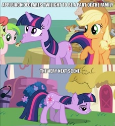 Size: 500x548 | Tagged: safe, edit, edited screencap, screencap, character:applejack, character:twilight sparkle, character:twilight sparkle (unicorn), species:earth pony, species:pony, species:unicorn, episode:friendship is magic, g4, my little pony: friendship is magic, caption, comic, fat, female, mare, out of context, screencap comic, twilard sparkle