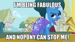 Size: 600x337 | Tagged: safe, edit, edited screencap, screencap, character:trixie, species:pony, species:unicorn, episode:boast busters, g4, my little pony: friendship is magic, and nopony can stop me, caption, female, image macro, mare, meme, solo, tree, trixie yells at everything, trixie's cape
