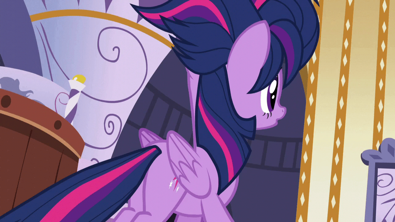 Size: 1280x720 | Tagged: safe, edit, screencap, character:twilight sparkle, character:twilight sparkle (alicorn), species:alicorn, species:pony, episode:castle sweet castle, g4, my little pony: friendship is magic, alternate hairstyle, animated, concerned, cute, female, frown, gif, looking at you, looking away, looking back, loop, plot, pouting, punklight sparkle, raised hoof, solo, spa, tail, tail pull, twiabetes