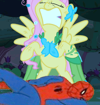 Size: 405x423 | Tagged: safe, edit, edited screencap, screencap, character:fluttershy, species:pegasus, species:pony, episode:the best night ever, g4, my little pony: friendship is magic, 60s spider-man, abuse, angry, animated, clothing, dress, female, gala dress, gritted teeth, mare, spider-man, stomping