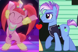Size: 880x587 | Tagged: safe, edit, edited screencap, screencap, character:limelight, character:pacific glow, species:pony, episode:the mane attraction, episode:the saddle row review, g4, my little pony: friendship is magic, bipedal, clothing, dancer, dancing, heart, limeglow, male, shipping, shipping domino, stairs, straight