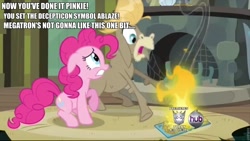 Size: 960x542 | Tagged: safe, edit, edited screencap, screencap, character:cranky doodle donkey, character:pinkie pie, species:donkey, episode:a friend in deed, g4, my little pony: friendship is magic, caption, decepticon, fourth wall, hub logo, transformers, transformers prime