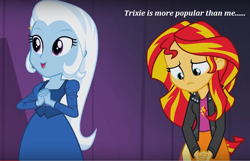 Size: 1006x648 | Tagged: safe, edit, edited screencap, screencap, character:sunset shimmer, character:trixie, equestria girls:rainbow rocks, g4, my little pony: equestria girls, my little pony:equestria girls, blatant lies, caption, clothing, duo, jacket, leather jacket, sad