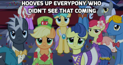 Size: 400x215 | Tagged: safe, edit, edited screencap, screencap, character:apple bloom, character:applejack, character:caesar, character:dark moon, character:graphite, character:perfect pace, character:pokey pierce, character:sunshower raindrops, episode:make new friends but keep discord, g4, my little pony: friendship is magic, caption, clothing, discovery family logo, dress, image macro, looking at you, masquerade, meme, reaction image