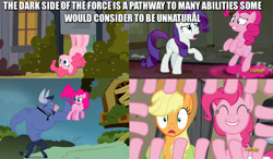 Size: 834x486 | Tagged: safe, edit, edited screencap, screencap, character:applejack, character:iron will, character:pinkie pie, character:rarity, episode:a friend in deed, episode:hearthbreakers, episode:putting your hoof down, episode:the saddle row review, g4, my little pony: friendship is magic, bush, caption, crossover, emperor palpatine, image macro, in which pinkie pie forgets how to gravity, meme, pinkie being pinkie, pinkie physics, pinkiecopter, revenge of the sith, star wars, the force, tree, wat