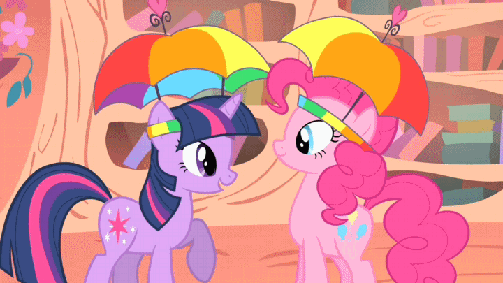 Size: 720x405 | Tagged: safe, edit, edited screencap, screencap, character:pinkie pie, character:twilight sparkle, episode:feeling pinkie keen, g4, my little pony: friendship is magic, animated, boop, clothing, cute, duo, hat, honk, umbrella hat