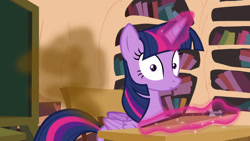 Size: 1280x720 | Tagged: safe, edit, edited screencap, screencap, character:twilight sparkle, character:twilight sparkle (alicorn), species:alicorn, species:pony, episode:testing testing 1-2-3, g4, my little pony: friendship is magic, fart, fart cloud, fart edit, female, glowing horn, solo, startled, twilight fartle, visible stench