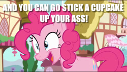 Size: 960x544 | Tagged: safe, edit, edited screencap, screencap, character:pinkie pie, episode:to where and back again, g4, my little pony: friendship is magic, caption, female, house, image macro, insult, meme, open mouth, solo, tree, vulgar