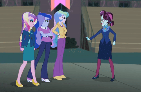 Size: 486x319 | Tagged: safe, edit, edited screencap, screencap, character:dean cadance, character:princess cadance, character:princess celestia, character:princess luna, character:principal abacus cinch, character:principal celestia, character:vice principal luna, equestria girls:friendship games, g4, my little pony: equestria girls, my little pony:equestria girls, animated, celestia is not amused, clothing, crossed arms, dancing cinch, fist, gif, high heels, skirt, vice principal luna, wat