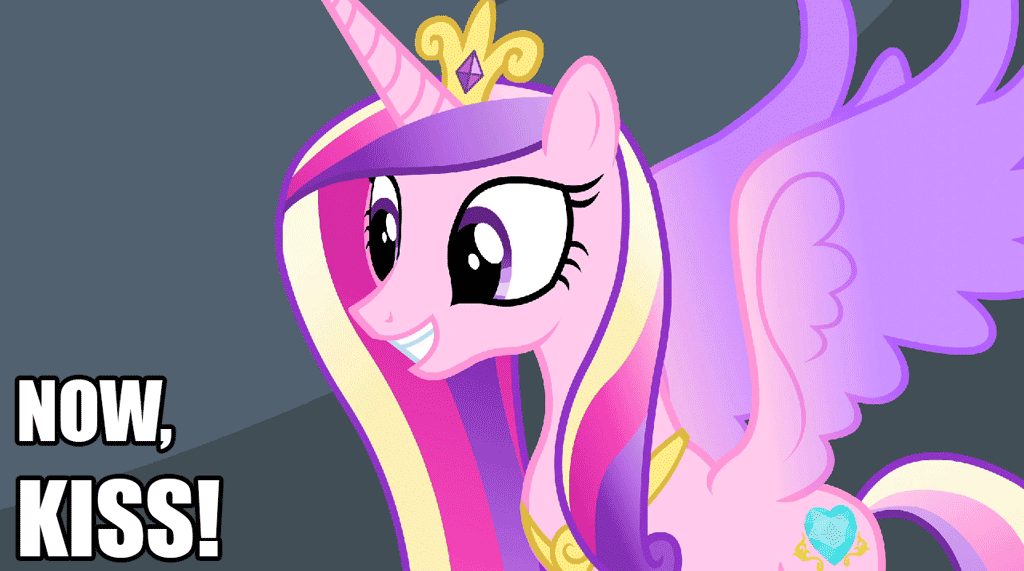 Size: 1024x571 | Tagged: safe, edit, edited screencap, screencap, character:princess cadance, episode:equestria games, g4, my little pony: friendship is magic, animated, caddy ships it, caption, female, gif, grin, now kiss, princess of love, princess of shipping, shipper on deck, smiling, solo, spread wings, wings