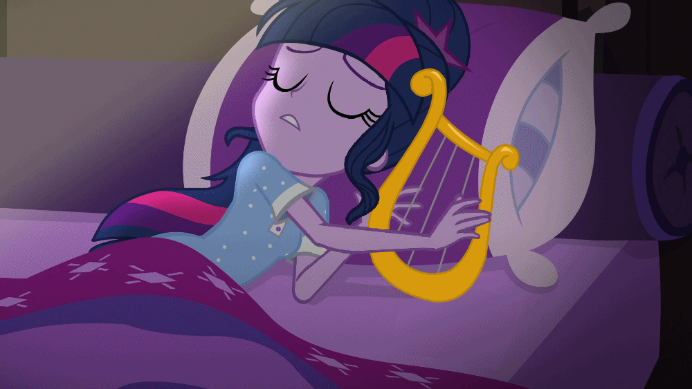 Size: 1000x563 | Tagged: safe, edit, edited screencap, screencap, character:twilight sparkle, character:twilight sparkle (scitwi), species:eqg human, equestria girls:legend of everfree, g4, my little pony: equestria girls, my little pony:equestria girls, animated, bed, female, gif, harp, musical instrument, solo