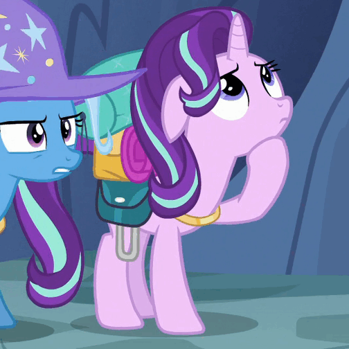 Size: 504x504 | Tagged: safe, edit, edited screencap, screencap, character:starlight glimmer, character:trixie, species:pony, species:unicorn, episode:to where and back again, g4, my little pony: friendship is magic, animated, bag, cropped, female, floppy ears, gif, looking up, mare, solo focus, thinking, trixie's hat, worried
