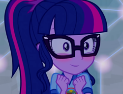 Size: 1023x787 | Tagged: safe, edit, edited screencap, screencap, character:twilight sparkle, character:twilight sparkle (scitwi), species:eqg human, equestria girls:legend of everfree, g4, my little pony: equestria girls, my little pony:equestria girls, blushing, cropped, cute, female, inverted mouth, smiling, solo, twiabetes