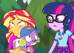 Size: 2611x1884 | Tagged: safe, edit, edited screencap, screencap, character:spike, character:spike (dog), character:sunset shimmer, character:twilight sparkle, character:twilight sparkle (scitwi), species:dog, species:eqg human, ship:sunsetspike, equestria girls:legend of everfree, g4, my little pony: equestria girls, my little pony:equestria girls, blushing, clothing, frown, glasses, grin, hat, inverted mouth, lidded eyes, male, open mouth, raised eyebrow, shipping, smiling, straight, wide eyes, worried