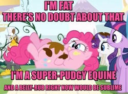 Size: 829x606 | Tagged: safe, edit, edited screencap, screencap, character:gustave le grande, character:pinkie pie, character:rarity, character:twilight sparkle, species:griffon, episode:mmmystery on the friendship express, g4, my little pony: friendship is magic, bellyrubs, bronybait, canterlot, caption, cute, diapinkes, fat, gustave le grande, image macro, meme, pudgy pie, rhyme, stuffed