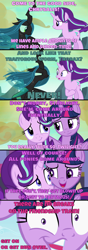 Size: 1280x3640 | Tagged: safe, edit, edited screencap, screencap, character:queen chrysalis, character:starlight glimmer, character:thorax, character:twilight sparkle, character:twilight sparkle (alicorn), species:alicorn, species:changeling, species:pony, episode:lesson zero, episode:no second prances, episode:to where and back again, g4, my little pony: friendship is magic, caption, changeling queen, comic, female, former queen chrysalis, image macro, implied king sombra, implied tirek, meme, screencap comic