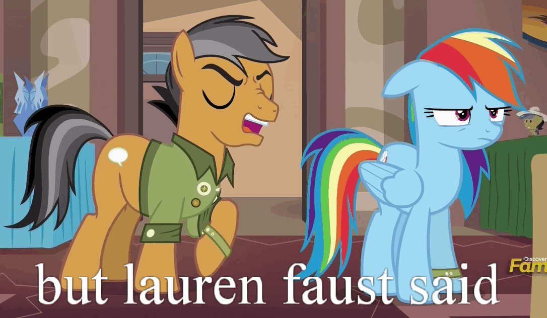 Size: 1086x632 | Tagged: safe, edit, edited screencap, screencap, character:quibble pants, character:rainbow dash, species:earth pony, species:pegasus, species:pony, episode:stranger than fanfiction, animated, clothing, duo, female, floppy ears, frown, gif, glare, grumpy, image macro, lauren faust, loop, male, mare, meme, nose wrinkle, op is just having a laugh, open mouth, raised hoof, stallion, unamused, word of faust