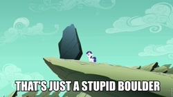 Size: 960x540 | Tagged: safe, edit, edited screencap, screencap, character:rarity, episode:the cutie mark chronicles, g4, my little pony: friendship is magic, blank flank, boulder, female, filly, filly rarity, image macro, pizza delivery, rock, solo, spongebob squarepants, younger