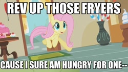 Size: 640x360 | Tagged: safe, edit, edited screencap, screencap, character:fluttershy, episode:swarm of the century, g4, my little pony: friendship is magic, arrgh!, female, image macro, meme, rev up those fryers, solo, spongebob squarepants, sugarcube corner, this will end in tears
