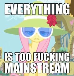 Size: 589x609 | Tagged: safe, edit, edited screencap, screencap, character:fluttershy, episode:green isn't your color, g4, my little pony: friendship is magic, clothing, dialogue, female, hat, hipster, hipstershy, image macro, solo, vulgar