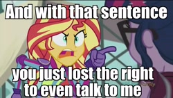 Size: 1920x1080 | Tagged: safe, edit, edited screencap, screencap, character:sunset shimmer, character:twilight sparkle, character:twilight sparkle (scitwi), species:eqg human, equestria girls:friendship games, g4, my little pony: equestria girls, my little pony:equestria girls, angry, discovery family logo, doctor who, exploitable meme, image macro, meme, pointing, reaction image, sunset yells at twilight
