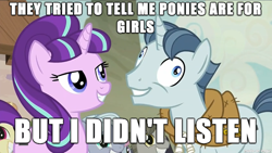 Size: 610x343 | Tagged: safe, edit, edited screencap, screencap, character:party favor, character:starlight glimmer, episode:the cutie map, g4, my little pony: friendship is magic, brony, exploitable meme, i didn't listen, image macro, in-universe brony, meme