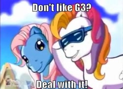 Size: 500x360 | Tagged: safe, edit, edited screencap, screencap, character:minty, character:sunny daze (g3), species:earth pony, species:pony, episode:a very minty christmas, g3, deal with it, duo, duo female, female, image macro, mare, sunglasses