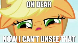 Size: 1080x604 | Tagged: safe, edit, edited screencap, screencap, character:applejack, episode:applebuck season, g4, my little pony: friendship is magic, cannot unsee, clothing, female, floppy ears, hat, meme, reaction image, solo, wat