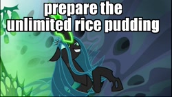 Size: 1024x576 | Tagged: safe, edit, edited screencap, screencap, character:queen chrysalis, species:changeling, episode:to where and back again, g4, my little pony: friendship is magic, changeling queen, doctor who, evil grin, female, glowing eyes, grin, image macro, meme, remembrance of the daleks, rice pudding, smiling, solo