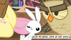 Size: 1016x574 | Tagged: safe, edit, edited screencap, screencap, character:angel bunny, character:fluttershy, character:owlowiscious, species:pony, episode:just for sidekicks, g4, my little pony: friendship is magic, angel is a bunny bastard, caption, plot, screencap comic, sing (movie)