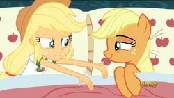 Size: 1920x1080 | Tagged: safe, edit, edited screencap, screencap, character:applejack, species:earth pony, species:pony, episode:28 pranks later, equestria girls:legend of everfree, g4, my little pony: equestria girls, my little pony: friendship is magic, my little pony:equestria girls, applejack's bed partner, bed, blanket, discovery family logo, dissapointed jewish grandparent applejack, exploitable meme, female, human ponidox, mare, meme, pillow, ponidox, self ponidox
