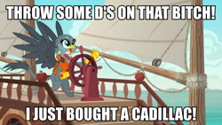 Size: 1065x600 | Tagged: safe, edit, edited screencap, screencap, character:gabby, species:griffon, episode:the fault in our cutie marks, g4, my little pony: friendship is magic, boat, gabby's shanty, image macro, meme, ocean, rich boy, ship, solo, song reference, throw some d's, vulgar