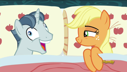 Size: 1280x720 | Tagged: safe, edit, edited screencap, screencap, character:applejack, character:party favor, episode:28 pranks later, g4, my little pony: friendship is magic, applejack's bed partner, bed, crossing the memes, exploitable meme, i didn't listen, image macro, male, meme, partyjack, pillow, shipping, straight