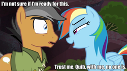 Size: 960x541 | Tagged: safe, edit, edited screencap, screencap, character:quibble pants, character:rainbow dash, species:earth pony, species:pegasus, species:pony, ship:quibbledash, episode:stranger than fanfiction, caption, female, image macro, male, mare, meme, out of context, rainbow dash seduces quibble pants, shipping, stallion, straight
