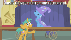 Size: 1280x720 | Tagged: safe, edit, edited screencap, screencap, character:snails, character:trixie, species:pony, species:unicorn, episode:boast busters, g4, my little pony: friendship is magic, admiration, cape, clothing, colt, female, hat, male, mare, opinion, praise, trixie's cape, trixie's hat