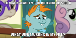 Size: 850x433 | Tagged: safe, edit, edited screencap, screencap, character:snips, character:sweetie belle, character:twist, episode:the cart before the ponies, g4, my little pony: friendship is magic, caption, meme, ponyville schoolhouse, school