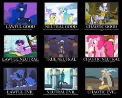 Size: 2250x1800 | Tagged: safe, edit, edited screencap, screencap, character:chief thunderhooves, character:discord, character:nightmare moon, character:pinkie pie, character:princess celestia, character:princess luna, character:queen chrysalis, character:twilight sparkle, character:twilight sparkle (unicorn), character:zecora, species:alicorn, species:buffalo, species:changeling, species:draconequus, species:earth pony, species:pegasus, species:pony, species:unicorn, species:zebra, episode:a canterlot wedding, episode:friendship is magic, episode:luna eclipsed, episode:over a barrel, episode:sonic rainboom, episode:the return of harmony, g4, my little pony: friendship is magic, alignment, alignment chart, changeling queen, ear piercing, earring, ethereal mane, female, galaxy mane, jewelry, leg rings, male, mare, neck rings, piercing, royal guard, stallion, stealth pun