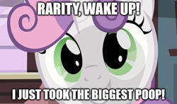 Size: 568x335 | Tagged: safe, edit, edited screencap, screencap, character:rarity, character:sweetie belle, caption, image macro, meme, naive sweetie belle, offscreen character, op is a duck, op is trying to start shit, pov, sweetiepoo