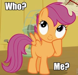 Size: 600x581 | Tagged: safe, edit, screencap, character:scootaloo, species:pegasus, species:pony, caption, cute, cutealoo, fan, female, filly, raised hoof, reaction image, roflbot, smiling, text