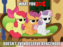 Size: 600x452 | Tagged: safe, edit, edited screencap, screencap, character:apple bloom, character:scootaloo, character:sweetie belle, species:pegasus, species:pony, episode:stare master, g4, my little pony: friendship is magic, caption, cutie mark crusaders, facehoof, image macro, sitting